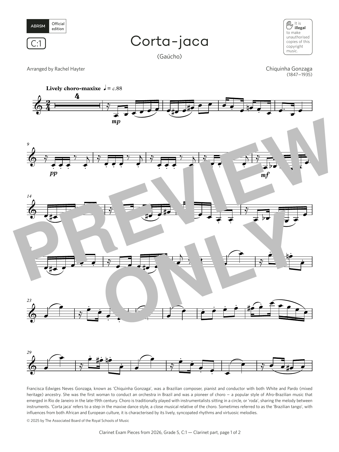 Chiquinha Gonzaga Corta-jaca (Grade 5, list C1, from the ABRSM Clarinet Syllabus from 2026) Sheet Music & Chords for Clarinet Solo - Download or Print PDF