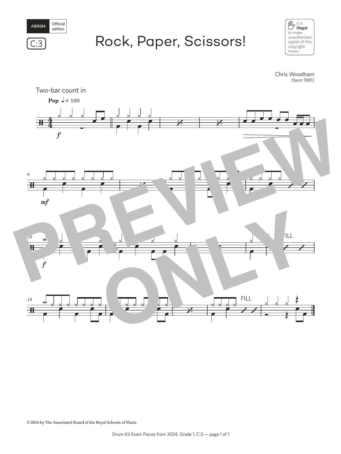 Chris Woodham Rock, Paper, Scissors! (Grade 1, list C3, from the ABRSM Drum Kit Syllabus 2024) Sheet Music & Chords for Drums - Download or Print PDF