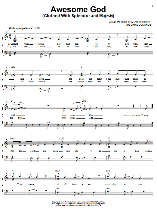 Preview Chris Donohue Clothed With Splendour Awesome God Pop sheet music, notes and chords for Piano, Vocal & Guitar (Right-Hand Melody), SKU: 58565 sheet music, piano notes, chords, guitar tabs, score, transpose, transcribe, how to play, guide, download, learn, tutorial, progression, song, artist, awards, billboard, mtv, vh1, tour, single, album, release