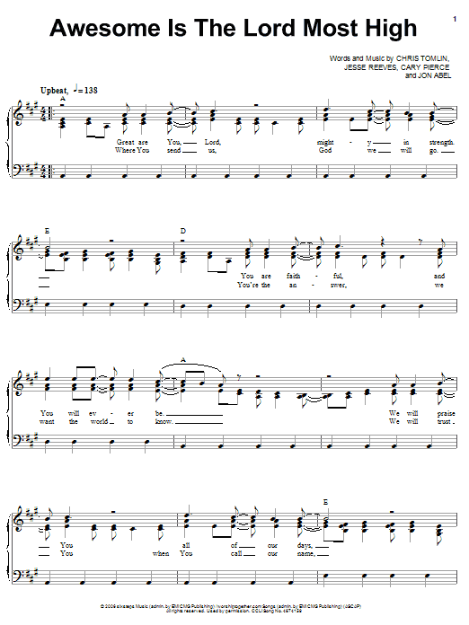 Preview Chris Tomlin Awesome Is The Lord Most High Pop sheet music, notes and chords for Easy Piano, SKU: 58619 sheet music, piano notes, chords, guitar tabs, score, transpose, transcribe, how to play, guide, download, learn, tutorial, progression, song, artist, awards, billboard, mtv, vh1, tour, single, album, release