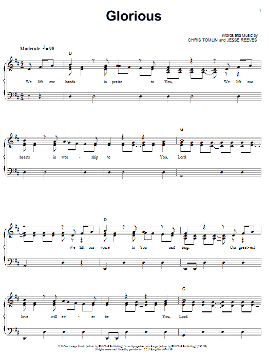 Download Chris Tomlin Glorious sheet music and printable PDF score & Pop music notes