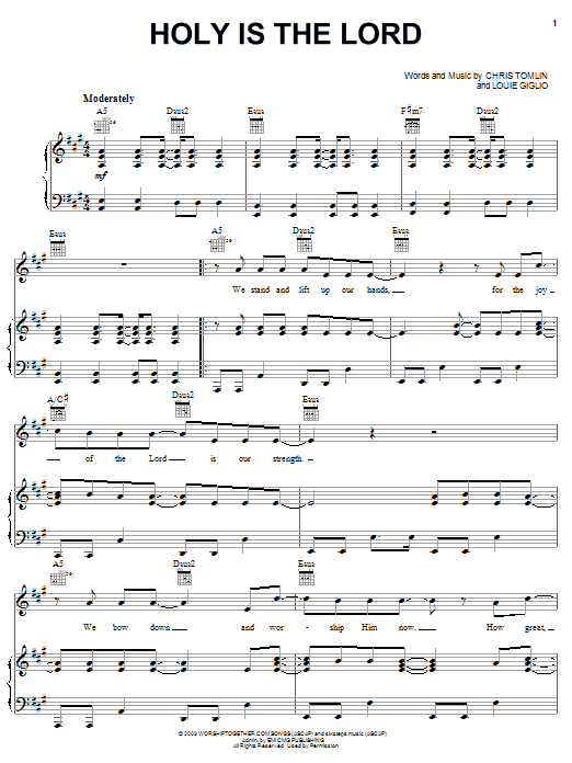 Preview Chris Tomlin Holy Is The Lord Pop sheet music, notes and chords for Piano, Vocal & Guitar (Right-Hand Melody), SKU: 28502 Download Chris Tomlin Holy Is The Lord sheet music and printable PDF score & Pop music notes