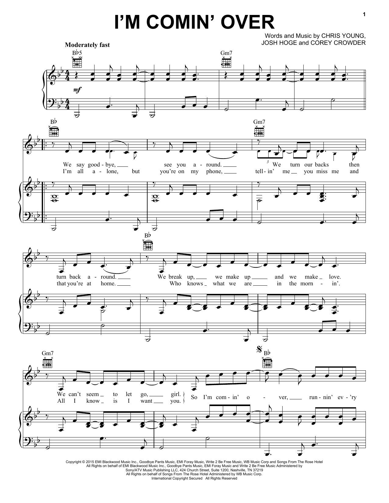 Preview Chris Young I'm Comin' Over Pop sheet music, notes and chords for Piano, Vocal & Guitar (Right-Hand Melody), SKU: 160193 sheet music, piano notes, chords, guitar tabs, score, transpose, transcribe, how to play, guide, download, learn, tutorial, progression, song, artist, awards, billboard, mtv, vh1, tour, single, album, release
