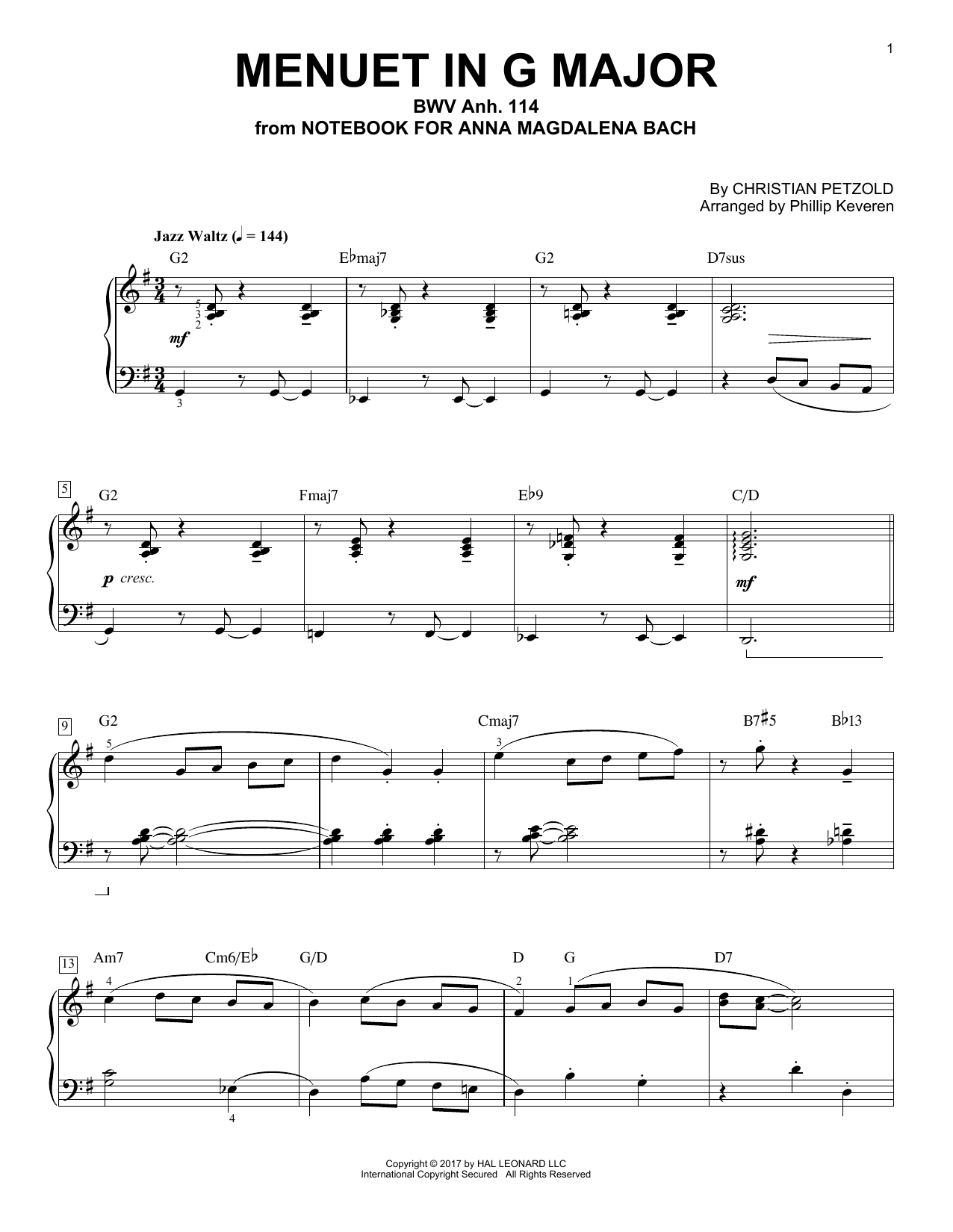 Download Christian Petzold Menuet In G Major, BMV Anh. 114 [Jazz version] (arr. Phillip Keveren) sheet music and printable PDF score & Classical music notes