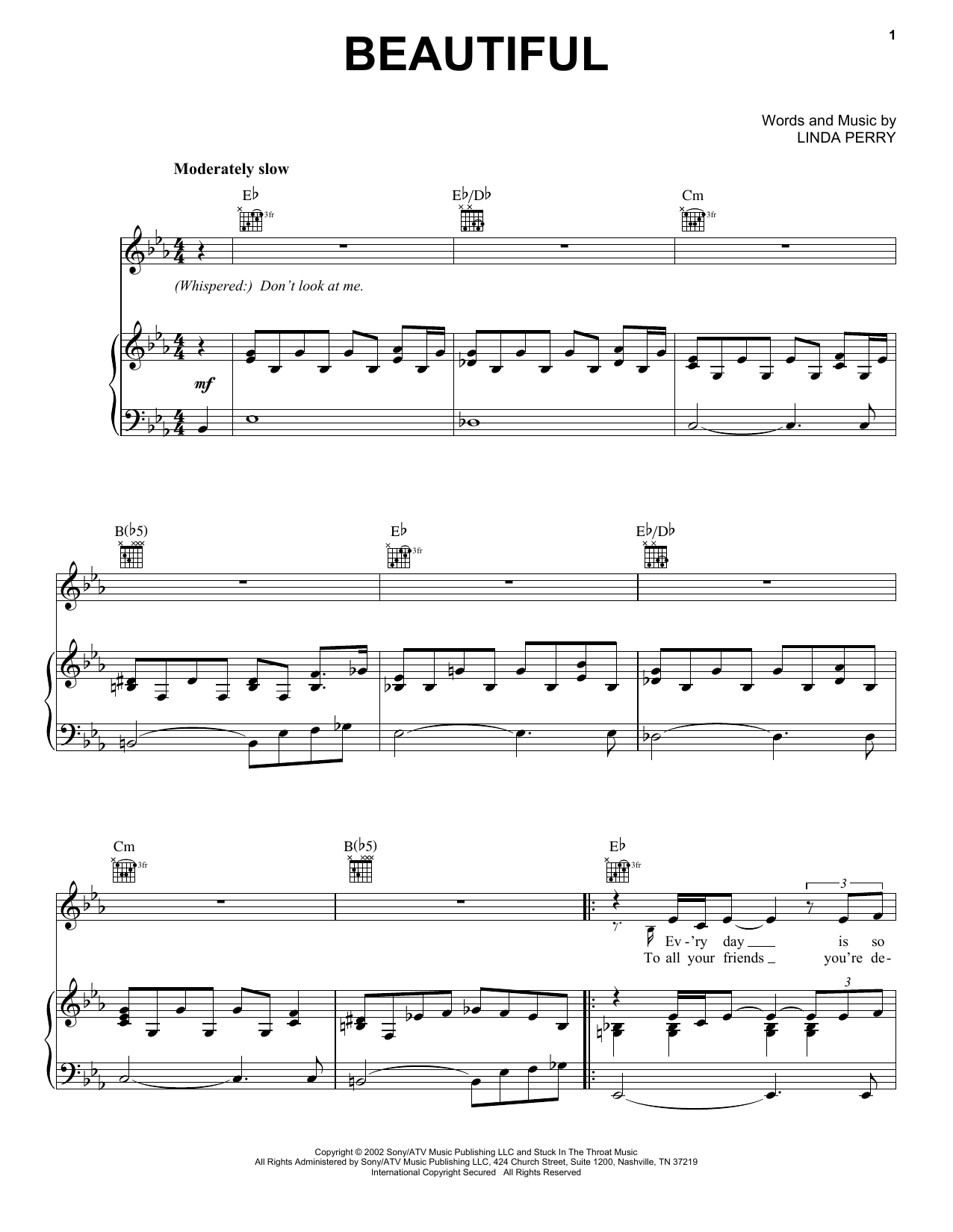 Download Christina Aguilera Beautiful sheet music and printable PDF score & Pop music notes