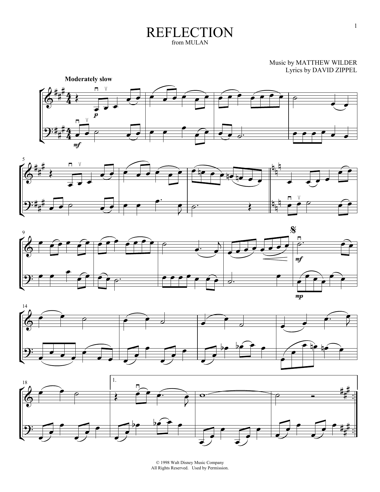 Christina Aguilera Reflection (from Mulan) (arr. Michelle Hynson) Sheet Music Notes & Chords for Instrumental Duet - Download or Print PDF Christina Aguilera Reflection (from Mulan) (arr. Michelle Hynson) Sheet Music & Chords for Instrumental Duet - Download or Print PDF