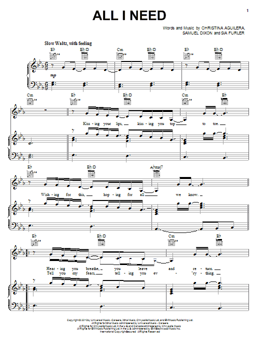 Preview Christina Aguilera All I Need Pop sheet music, notes and chords for Piano, Vocal & Guitar (Right-Hand Melody), SKU: 82502 sheet music, piano notes, chords, guitar tabs, score, transpose, transcribe, how to play, guide, download, learn, tutorial, progression, song, artist, awards, billboard, mtv, vh1, tour, single, album, release