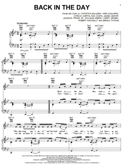Preview Christina Aguilera Back In The Day Pop sheet music, notes and chords for Piano, Vocal & Guitar (Right-Hand Melody), SKU: 62425 Download Christina Aguilera Back In The Day sheet music and printable PDF score & Pop music notes
