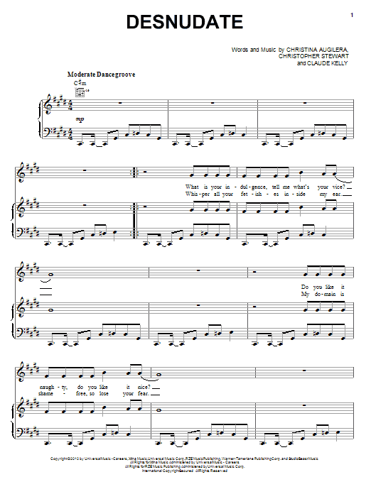 Preview Christina Aguilera Desnudate Pop sheet music, notes and chords for Piano, Vocal & Guitar (Right-Hand Melody), SKU: 82507 sheet music, piano notes, chords, guitar tabs, score, transpose, transcribe, how to play, guide, download, learn, tutorial, progression, song, artist, awards, billboard, mtv, vh1, tour, single, album, release