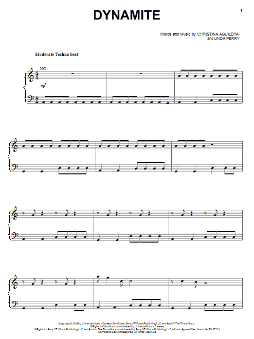 Preview Christina Aguilera Dynamite Pop sheet music, notes and chords for Piano, Vocal & Guitar (Right-Hand Melody), SKU: 70179 Download Christina Aguilera Dynamite sheet music and printable PDF score & Pop music notes