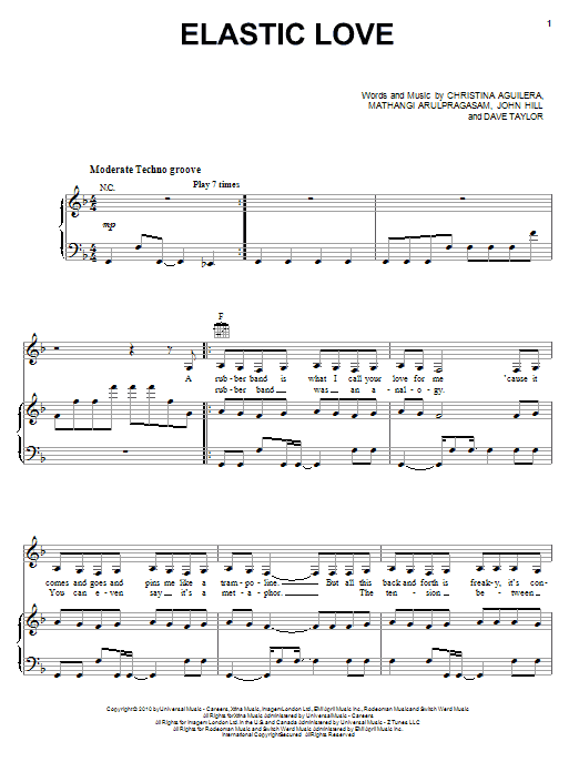 Preview Christina Aguilera Elastic Love Pop sheet music, notes and chords for Piano, Vocal & Guitar (Right-Hand Melody), SKU: 82499 sheet music, piano notes, chords, guitar tabs, score, transpose, transcribe, how to play, guide, download, learn, tutorial, progression, song, artist, awards, billboard, mtv, vh1, tour, single, album, release