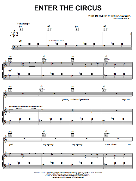 Preview Christina Aguilera Enter The Circus Pop sheet music, notes and chords for Piano, Vocal & Guitar (Right-Hand Melody), SKU: 62430 Download Christina Aguilera Enter The Circus sheet music and printable PDF score & Pop music notes