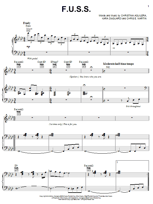 Preview Christina Aguilera F.U.S.S. Pop sheet music, notes and chords for Piano, Vocal & Guitar (Right-Hand Melody), SKU: 62429 Download Christina Aguilera F.U.S.S. sheet music and printable PDF score & Pop music notes