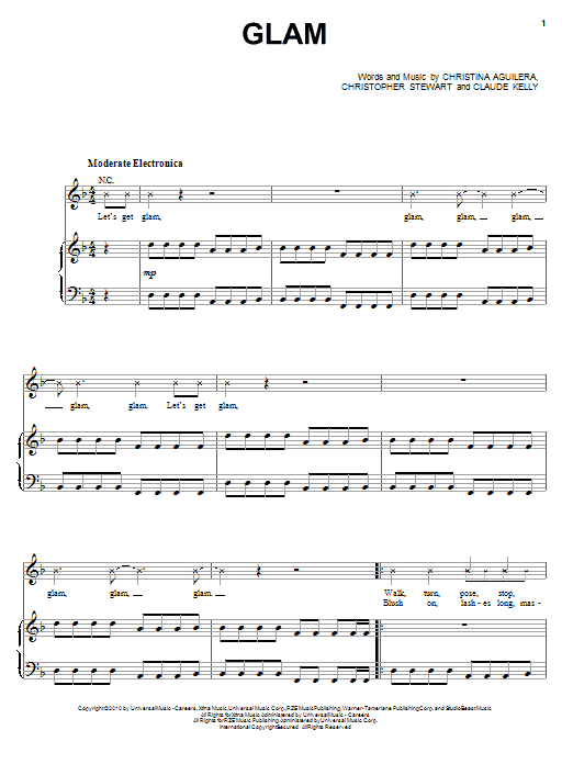Preview Christina Aguilera Glam Pop sheet music, notes and chords for Piano, Vocal & Guitar (Right-Hand Melody), SKU: 82500 Download Christina Aguilera Glam sheet music and printable PDF score & Pop music notes