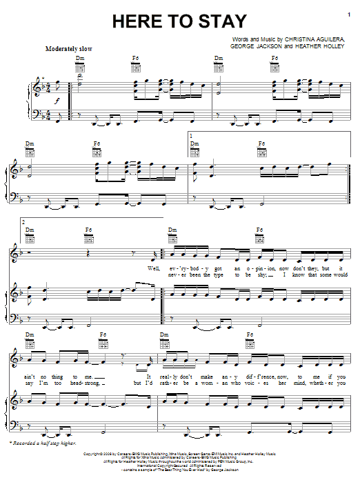 Preview Christina Aguilera Here To Stay Pop sheet music, notes and chords for Piano, Vocal & Guitar (Right-Hand Melody), SKU: 62428 Download Christina Aguilera Here To Stay sheet music and printable PDF score & Pop music notes