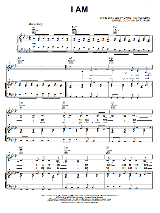 Preview Christina Aguilera I Am Pop sheet music, notes and chords for Piano, Vocal & Guitar (Right-Hand Melody), SKU: 82487 sheet music, piano notes, chords, guitar tabs, score, transpose, transcribe, how to play, guide, download, learn, tutorial, progression, song, artist, awards, billboard, mtv, vh1, tour, single, album, release
