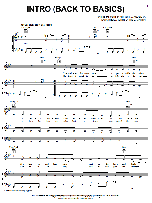 Preview Christina Aguilera Intro (Back To Basics) Pop sheet music, notes and chords for Piano, Vocal & Guitar (Right-Hand Melody), SKU: 62426 Download Christina Aguilera Intro (Back To Basics) sheet music and printable PDF score & Pop music notes