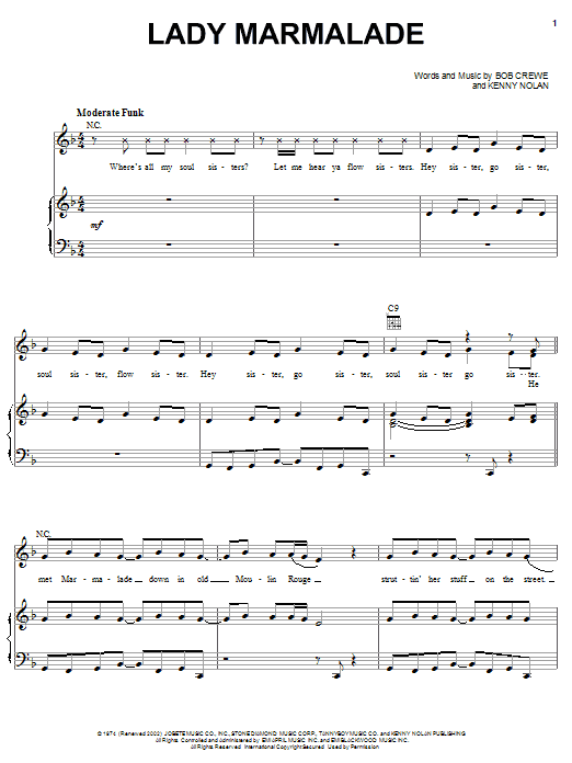 Preview Christina Aguilera Lady Marmalade Pop sheet music, notes and chords for Piano, Vocal & Guitar (Right-Hand Melody), SKU: 18020 sheet music, piano notes, chords, guitar tabs, score, transpose, transcribe, how to play, guide, download, learn, tutorial, progression, song, artist, awards, billboard, mtv, vh1, tour, single, album, release