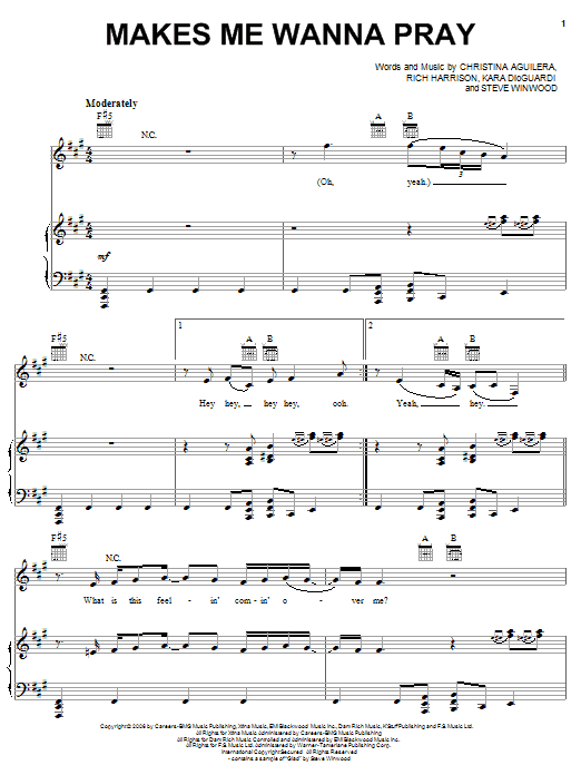 Preview Christina Aguilera Makes Me Wanna Pray Pop sheet music, notes and chords for Piano, Vocal & Guitar (Right-Hand Melody), SKU: 62449 Download Christina Aguilera Makes Me Wanna Pray sheet music and printable PDF score & Pop music notes