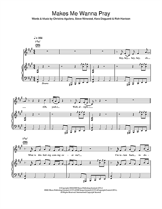 Preview Christina Aguilera Makes Me Wanna Pray Pop sheet music, notes and chords for Piano, Vocal & Guitar (Right-Hand Melody), SKU: 62449 sheet music, piano notes, chords, guitar tabs, score, transpose, transcribe, how to play, guide, download, learn, tutorial, progression, song, artist, awards, billboard, mtv, vh1, tour, single, album, release