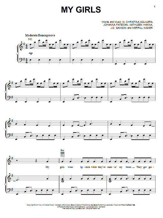 Preview Christina Aguilera My Girls Pop sheet music, notes and chords for Piano, Vocal & Guitar (Right-Hand Melody), SKU: 82508 sheet music, piano notes, chords, guitar tabs, score, transpose, transcribe, how to play, guide, download, learn, tutorial, progression, song, artist, awards, billboard, mtv, vh1, tour, single, album, release