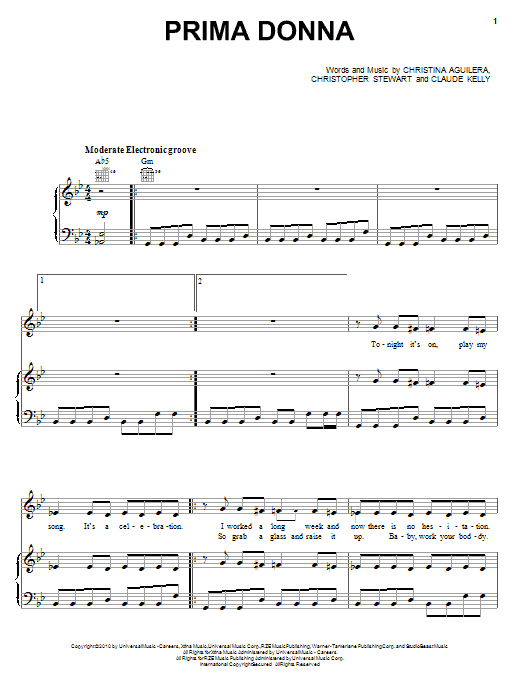 Preview Christina Aguilera Prima Donna Pop sheet music, notes and chords for Piano, Vocal & Guitar (Right-Hand Melody), SKU: 82504 Download Christina Aguilera Prima Donna sheet music and printable PDF score & Pop music notes