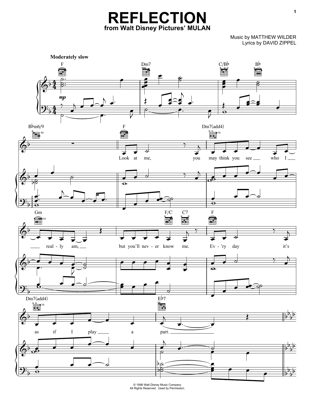 Download Christina Aguilera Reflection (Pop Version) (from Mulan) sheet music and printable PDF score & Pop music notes