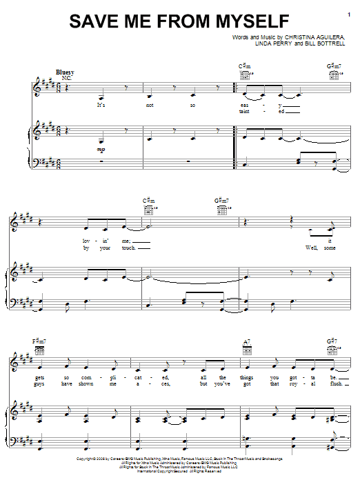 Preview Christina Aguilera Save Me From Myself Pop sheet music, notes and chords for Piano, Vocal & Guitar (Right-Hand Melody), SKU: 62437 Download Christina Aguilera Save Me From Myself sheet music and printable PDF score & Pop music notes