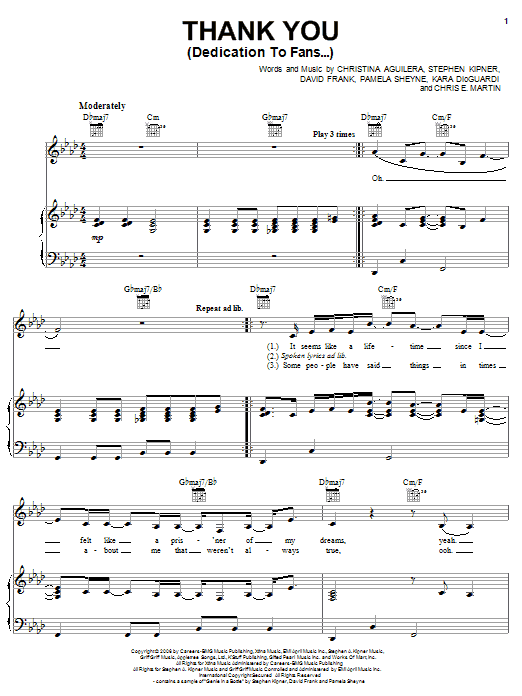 Preview Christina Aguilera Thank You (Dedication To Fans...) Pop sheet music, notes and chords for Piano, Vocal & Guitar (Right-Hand Melody), SKU: 62434 Download Christina Aguilera Thank You (Dedication To Fans...) sheet music and printable PDF score & Pop music notes