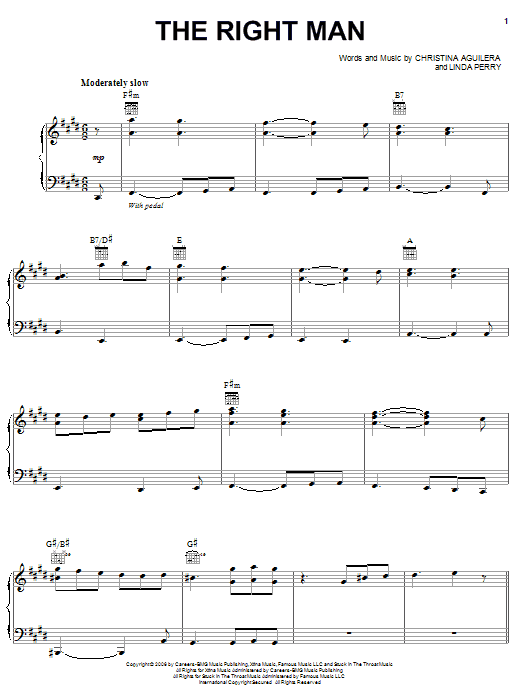Preview Christina Aguilera The Right Man Pop sheet music, notes and chords for Piano, Vocal & Guitar (Right-Hand Melody), SKU: 62438 Download Christina Aguilera The Right Man sheet music and printable PDF score & Pop music notes