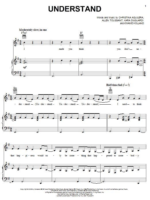 Preview Christina Aguilera Understand Pop sheet music, notes and chords for Piano, Vocal & Guitar (Right-Hand Melody), SKU: 62424 sheet music, piano notes, chords, guitar tabs, score, transpose, transcribe, how to play, guide, download, learn, tutorial, progression, song, artist, awards, billboard, mtv, vh1, tour, single, album, release
