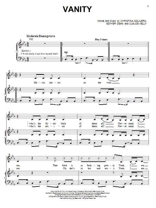 Preview Christina Aguilera Vanity Pop sheet music, notes and chords for Piano, Vocal & Guitar (Right-Hand Melody), SKU: 82505 Download Christina Aguilera Vanity sheet music and printable PDF score & Pop music notes