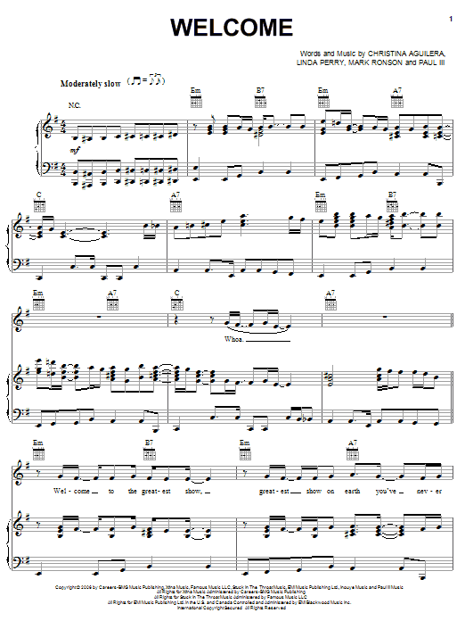 Preview Christina Aguilera Welcome Pop sheet music, notes and chords for Piano, Vocal & Guitar (Right-Hand Melody), SKU: 62432 sheet music, piano notes, chords, guitar tabs, score, transpose, transcribe, how to play, guide, download, learn, tutorial, progression, song, artist, awards, billboard, mtv, vh1, tour, single, album, release