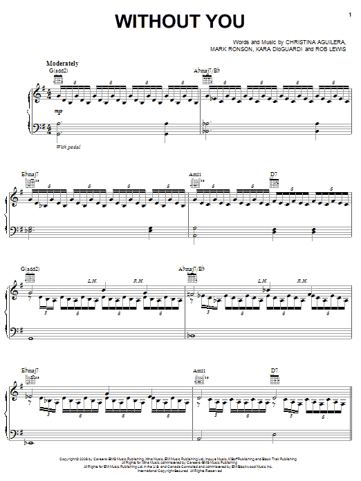 Preview Christina Aguilera Without You Pop sheet music, notes and chords for Piano, Vocal & Guitar (Right-Hand Melody), SKU: 62441 Download Christina Aguilera Without You sheet music and printable PDF score & Pop music notes