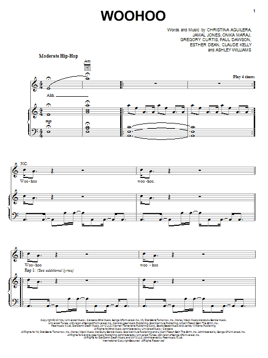 Preview Christina Aguilera Woohoo Pop sheet music, notes and chords for Piano, Vocal & Guitar (Right-Hand Melody), SKU: 82503 sheet music, piano notes, chords, guitar tabs, score, transpose, transcribe, how to play, guide, download, learn, tutorial, progression, song, artist, awards, billboard, mtv, vh1, tour, single, album, release