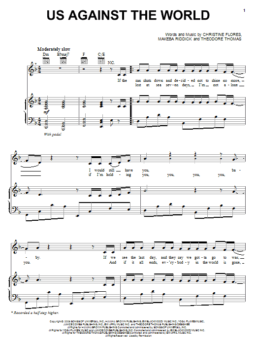 Preview Christina Milian Us Against The World Pop sheet music, notes and chords for Piano, Vocal & Guitar (Right-Hand Melody), SKU: 69813 Download Christina Milian Us Against The World sheet music and printable PDF score & Pop music notes