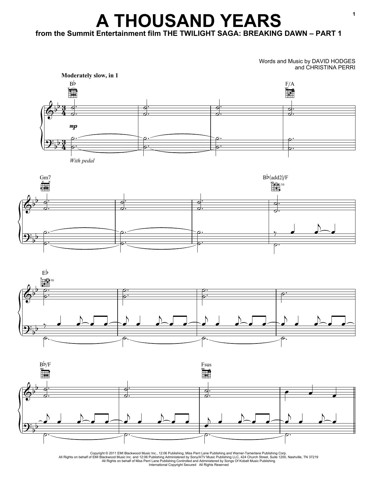 Christina Perri A Thousand Years Sheet Music for Pop Piano, Vocal & Guitar (Right-Hand Melody) including 8 page(s)