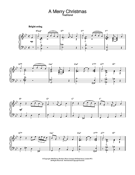 Preview Christmas Carol A Merry Christmas (jazzy arrangement) Jazz sheet music, notes and chords for Piano, SKU: 17907 sheet music, piano notes, chords, guitar tabs, score, transpose, transcribe, how to play, guide, download, learn, tutorial, progression, song, artist, awards, billboard, mtv, vh1, tour, single, album, release