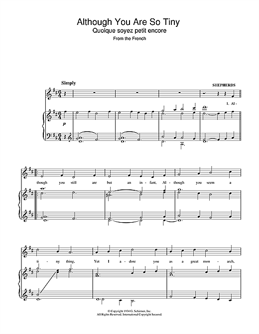Preview Christmas Carol Although You Are So Tiny Christmas sheet music, notes and chords for Piano & Vocal, SKU: 37095 sheet music, piano notes, chords, guitar tabs, score, transpose, transcribe, how to play, guide, download, learn, tutorial, progression, song, artist, awards, billboard, mtv, vh1, tour, single, album, release