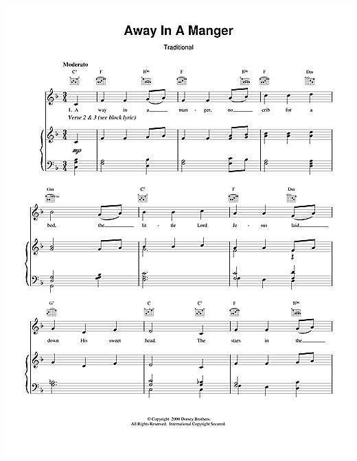 Christmas Carol Away In A Manger Sheet Music Download Printable Christmas Pdf Piano Chords Lyrics Score Sku 110478