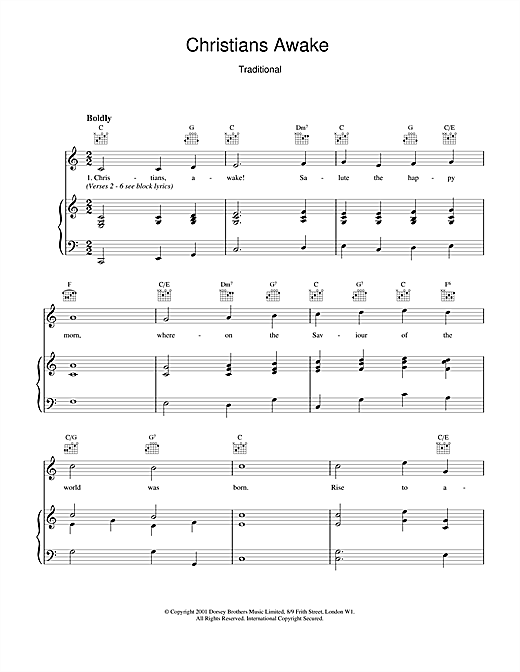 Preview Christmas Carol Christians Awake Christmas sheet music, notes and chords for Lyrics & Chords, SKU: 101304 sheet music, piano notes, chords, guitar tabs, score, transpose, transcribe, how to play, guide, download, learn, tutorial, progression, song, artist, awards, billboard, mtv, vh1, tour, single, album, release