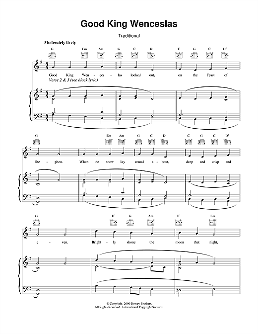 Preview Christmas Carol Good King Wenceslas Christmas sheet music, notes and chords for Piano, Vocal & Guitar (Right-Hand Melody), SKU: 114796 sheet music, piano notes, chords, guitar tabs, score, transpose, transcribe, how to play, guide, download, learn, tutorial, progression, song, artist, awards, billboard, mtv, vh1, tour, single, album, release