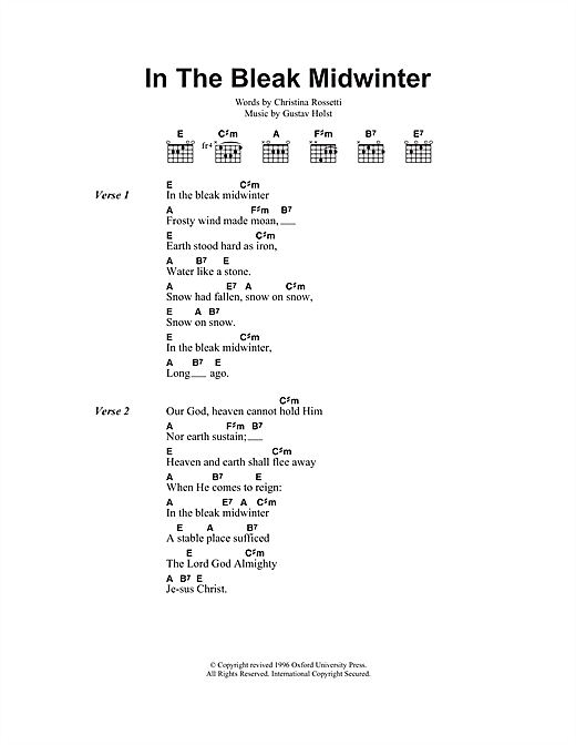 Preview Christmas Carol In The Bleak Midwinter Christmas sheet music, notes and chords for Piano, Vocal & Guitar (Right-Hand Melody), SKU: 114822 sheet music, piano notes, chords, guitar tabs, score, transpose, transcribe, how to play, guide, download, learn, tutorial, progression, song, artist, awards, billboard, mtv, vh1, tour, single, album, release
