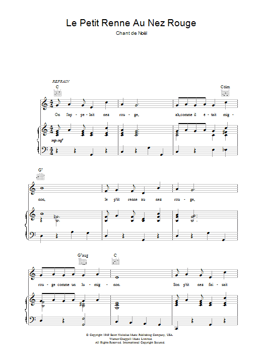 Download Chant de Noël Le Petit Renne Au Nez Rouge sheet music and printable PDF score & Christmas music notes