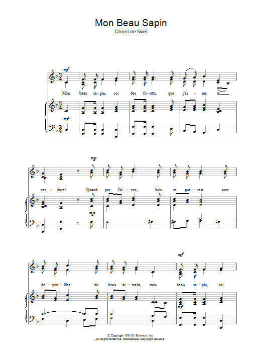 Download Chant de Noël Mon Beau Sapin sheet music and printable PDF score & Christmas music notes
