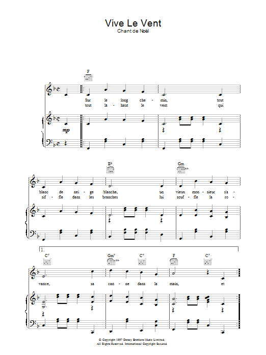 Download Chant de Noël Vive Le Vent sheet music and printable PDF score & Christmas music notes