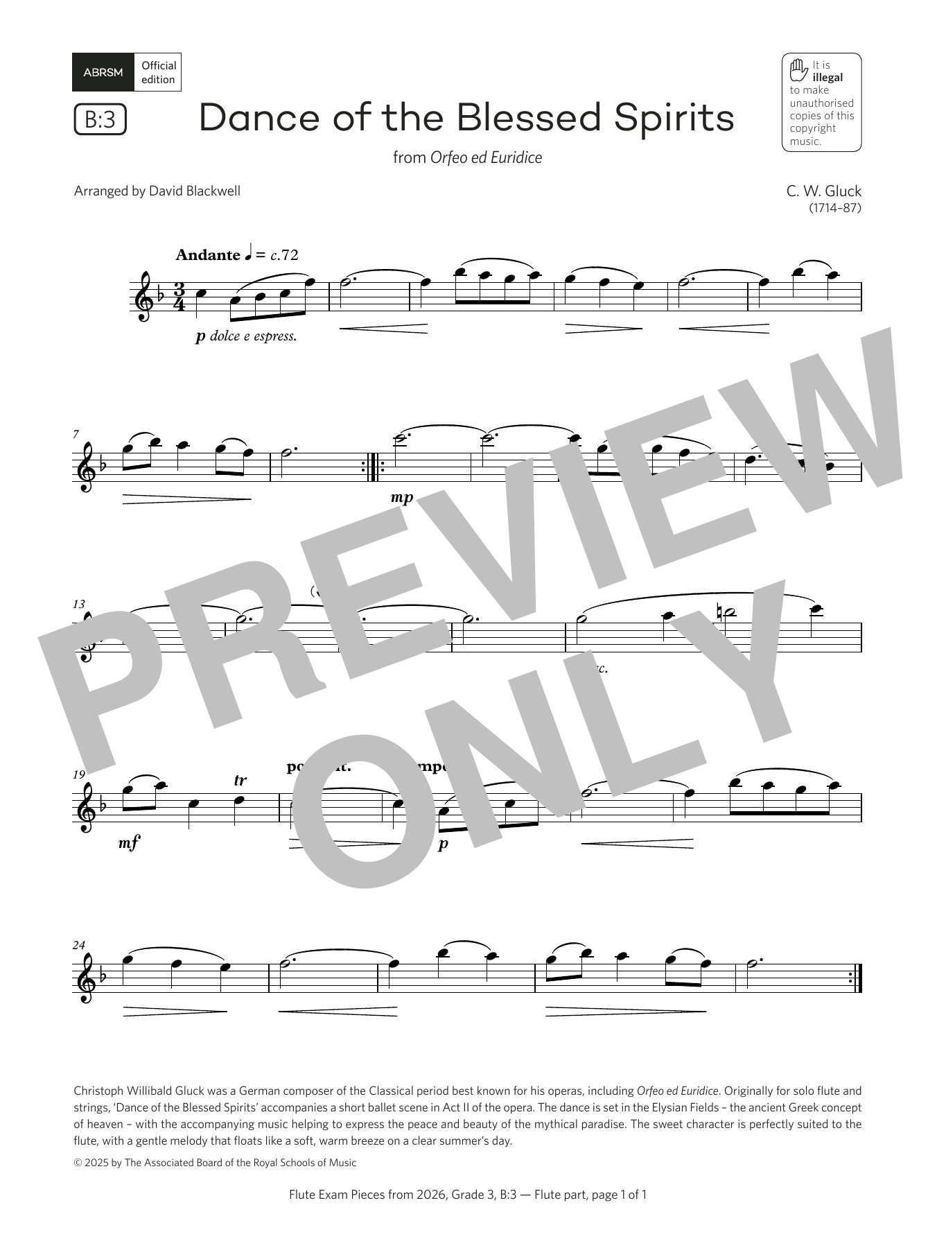 Christoph Gluck Dance of the Blessed Spirits (Grade 3, list B3, from the ABRSM Flute Syllabus from 2026) Sheet Music & Chords for Flute Solo - Download or Print PDF