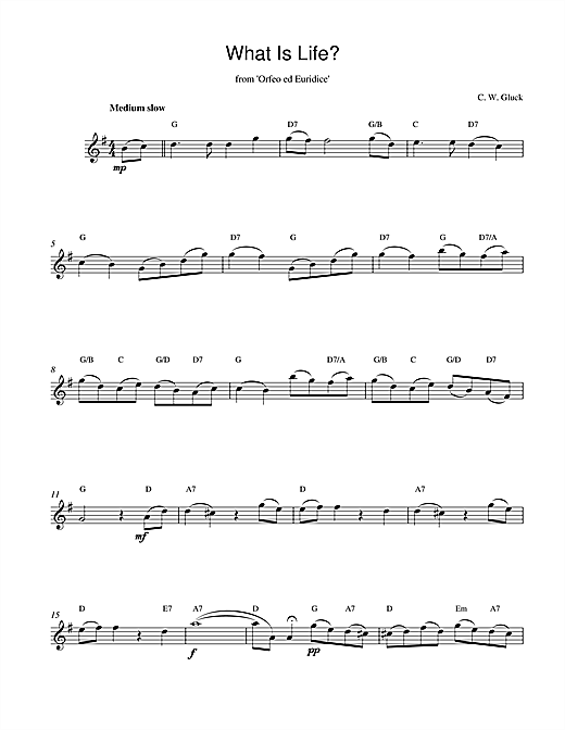 Preview Christoph Willibald von Gluck What Is Life (from Orfeo ed Euridice) Classical sheet music, notes and chords for Melody Line & Chords, SKU: 14222 sheet music, piano notes, chords, guitar tabs, score, transpose, transcribe, how to play, guide, download, learn, tutorial, progression, song, artist, awards, billboard, mtv, vh1, tour, single, album, release