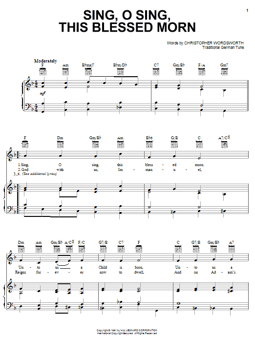 Christopher Wordsworth Sing, O Sing, This Blessed Morn Sheet Music & Chords for Piano, Vocal & Guitar (Right-Hand Melody) - Download or Print PDF