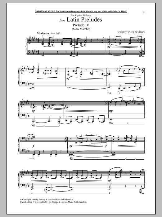 Preview Christopher Norton Latin Preludes, Prelude IV (Slow Mambo) Classical sheet music, notes and chords for Piano, SKU: 89538 sheet music, piano notes, chords, guitar tabs, score, transpose, transcribe, how to play, guide, download, learn, tutorial, progression, song, artist, awards, billboard, mtv, vh1, tour, single, album, release